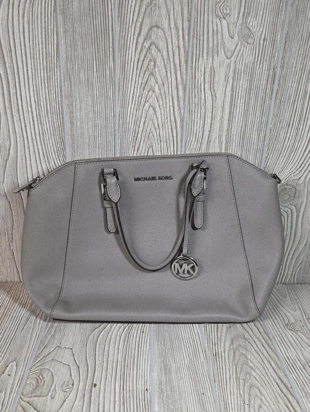 Michael Kors Ciara Large Saffiano Leather Satchel Pearl Grey Purse
